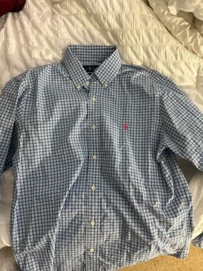 Ralph Lauren Light Blue and White Plaid Button-Down Shirt with Pink Logo